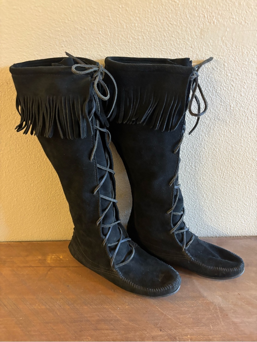 Minnetonka Black Fringe hard sole Suede Knee High Moccasin Boots